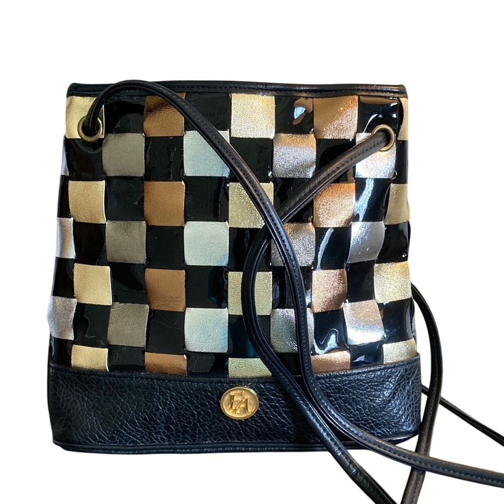 Fifth Avenue Stylish‎ Black Gold Silver Basket Weave Leather Purse Bucket Style
